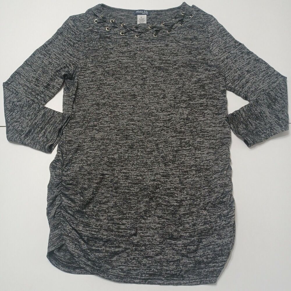 Olivia Blu Women Maternity S Sweater Heathered Black Leather Trim 3/4‎ Sleeve